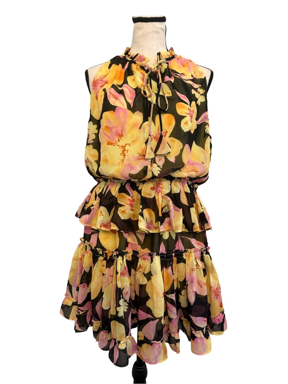 Reset Floral Tiered Ruffle Dress Large Sleeveless Tie Neck Lined Romantic